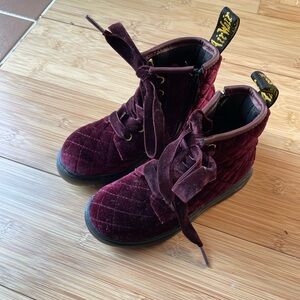 Dr Martens Kids Quilted Velvet 1460 Boots with Wide Velvet Ribbon Laces